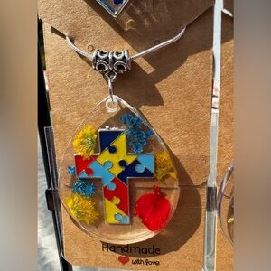 Autism Awareness Resin Teardrop Pendant With Dried Flowers & Autism Cros…